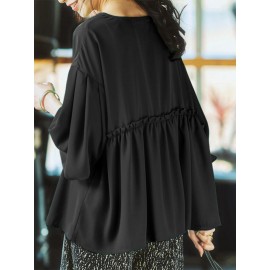 Women Solid Pleated Crew Neck Casual Long Sleeve Blouse