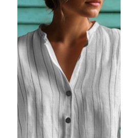 Women Striped Stand Collar Button Front Short Sleeve Shirt