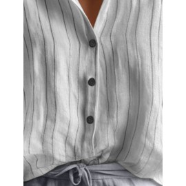 Women Striped Stand Collar Button Front Short Sleeve Shirt