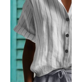 Women Striped Stand Collar Button Front Short Sleeve Shirt
