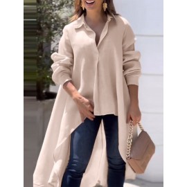 Women Solid Lapel High-LowÂ Hem Long Sleeve Shirt