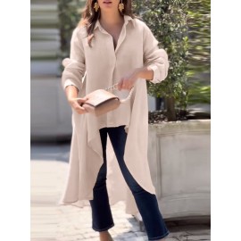 Women Solid Lapel High-LowÂ Hem Long Sleeve Shirt