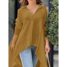 Women Solid Lapel High-LowÂ Hem Long Sleeve Shirt