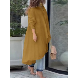 Women Solid Lapel High-LowÂ Hem Long Sleeve Shirt