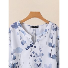 Women Watercolor Floral Print Notched Neck Long Sleeve Blouse