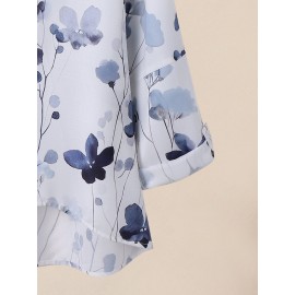 Women Watercolor Floral Print Notched Neck Long Sleeve Blouse