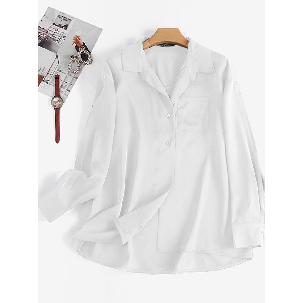 Women Solid Chest Pocket Button Up Long Sleeve Shirt