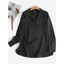 Women Solid Chest Pocket Button Up Long Sleeve Shirt