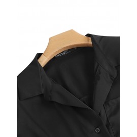 Women Solid Chest Pocket Button Up Long Sleeve Shirt