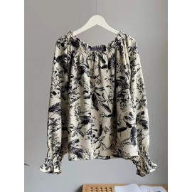Women Allover Floral Plant Print Off Shoulder Long Sleeve Blouse Women Allover Floral Plant Print Off Shoulder Long Sleeve Blouse
