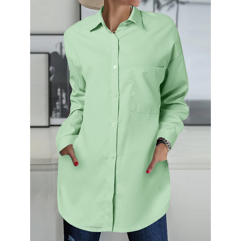 Women Solid Button Front High-Low Hem Long Sleeve Shirt Women Solid Button Front High-Low Hem Long Sleeve Shirt