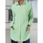 Women Solid Button Front High-LowÂ Hem Long Sleeve Shirt