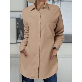 Women Solid Button Front High-Low Hem Long Sleeve Shirt Women Solid Button Front High-Low Hem Long Sleeve Shirt