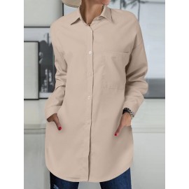 Women Solid Button Front High-Low Hem Long Sleeve Shirt Women Solid Button Front High-Low Hem Long Sleeve Shirt