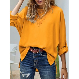 Women Lace Splice High-Low Hem Long Sleeve Blouse Women Lace Splice High-Low Hem Long Sleeve Blouse