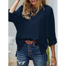 Women Lace Splice High-LowÂ Hem Long Sleeve Blouse