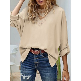 Women Lace Splice High-LowÂ Hem Long Sleeve Blouse