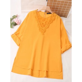 Women Lace Splice High-LowÂ Hem Long Sleeve Blouse