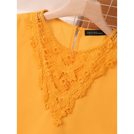 Women Lace Splice High-LowÂ Hem Long Sleeve Blouse