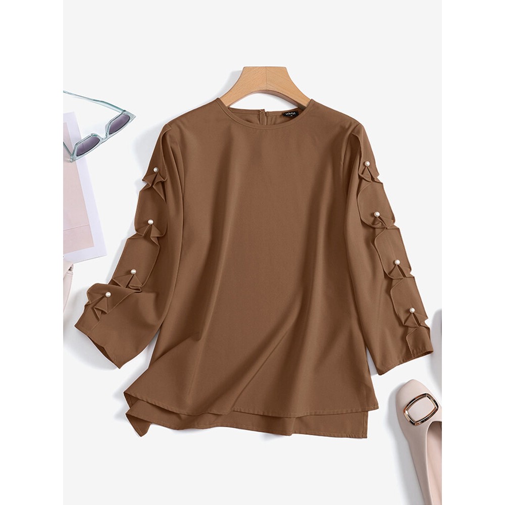 Women Solid Crew Neck Pearls Detail 3/4 Sleeve Blouse Women Solid Crew Neck Pearls Detail 3/4 Sleeve Blouse