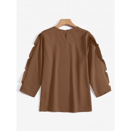 Women Solid Crew Neck Pearls Detail 3/4 Sleeve Blouse Women Solid Crew Neck Pearls Detail 3/4 Sleeve Blouse