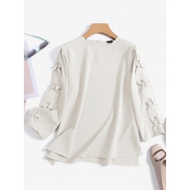 Women Solid Crew Neck Pearls Detail 3/4 Sleeve Blouse Women Solid Crew Neck Pearls Detail 3/4 Sleeve Blouse