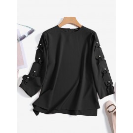 Women Solid Crew Neck Pearls Detail 3/4 Sleeve Blouse Women Solid Crew Neck Pearls Detail 3/4 Sleeve Blouse
