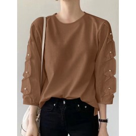 Women Solid Crew Neck Pearls Detail 3/4 Sleeve Blouse Women Solid Crew Neck Pearls Detail 3/4 Sleeve Blouse
