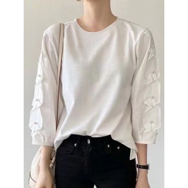 Women Solid Crew Neck Pearls Detail 3/4 Sleeve Blouse Women Solid Crew Neck Pearls Detail 3/4 Sleeve Blouse