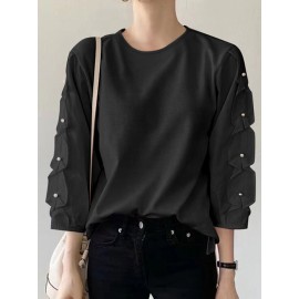 Women Solid Crew Neck Pearls Detail 3/4 Sleeve Blouse Women Solid Crew Neck Pearls Detail 3/4 Sleeve Blouse