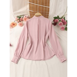 Women Plain Stand Collar Ruffle Trim Long Sleeve Shirt Women Plain Stand Collar Ruffle Trim Long Sleeve Shirt