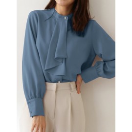Women Plain Stand Collar Ruffle Trim Long Sleeve Shirt Women Plain Stand Collar Ruffle Trim Long Sleeve Shirt