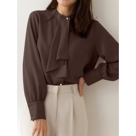 Women Plain Stand Collar Ruffle Trim Long Sleeve Shirt Women Plain Stand Collar Ruffle Trim Long Sleeve Shirt
