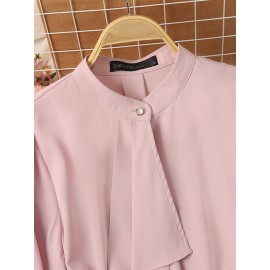 Women Plain Stand Collar Ruffle Trim Long Sleeve Shirt Women Plain Stand Collar Ruffle Trim Long Sleeve Shirt