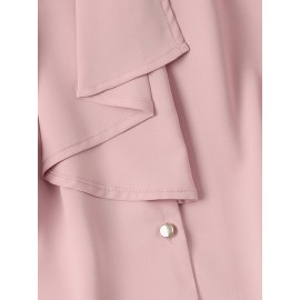 Women Plain Stand Collar Ruffle Trim Long Sleeve Shirt Women Plain Stand Collar Ruffle Trim Long Sleeve Shirt