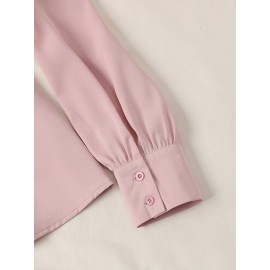 Women Plain Stand Collar Ruffle Trim Long Sleeve Shirt Women Plain Stand Collar Ruffle Trim Long Sleeve Shirt