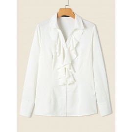 Solid Ruffle Button Lapel Long Sleeve Blouse Solid Ruffle Button Lapel Long Sleeve Blouse
