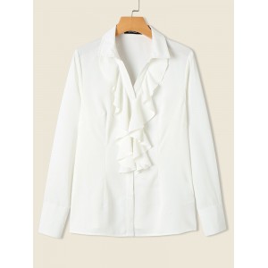 Solid Ruffle Button Lapel Long Sleeve Blouse