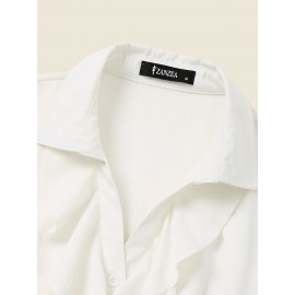 Solid Ruffle Button Lapel Long Sleeve Blouse