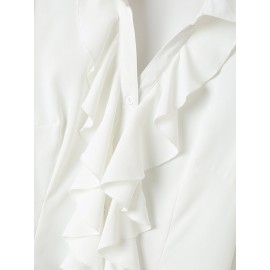 Solid Ruffle Button Lapel Long Sleeve Blouse