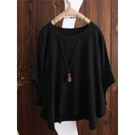 Women Solid Crew Neck Dolman Sleeve Cotton Blouse Women Solid Crew Neck Dolman Sleeve Cotton Blouse