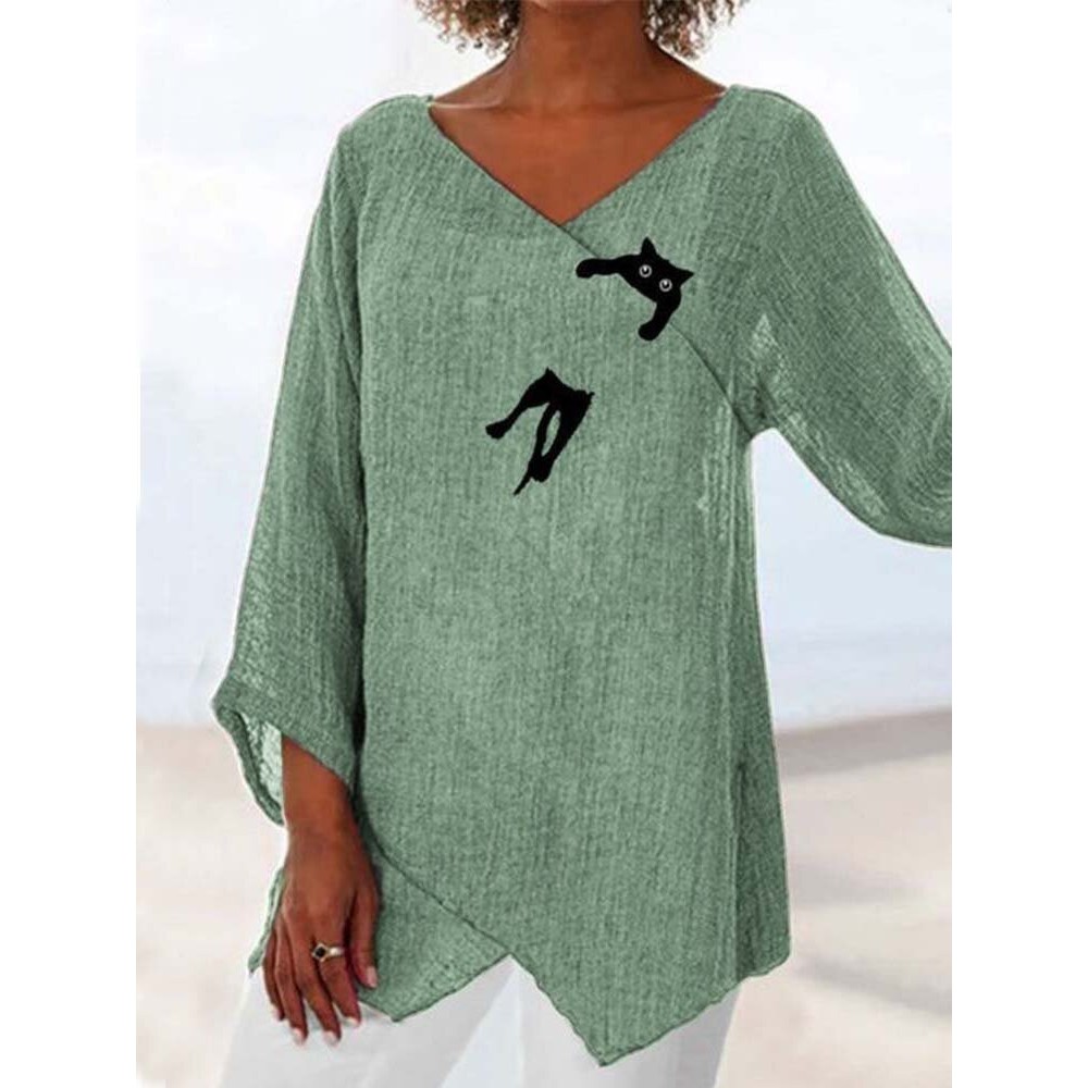 Women Cute Cat Print Wrap Design Cotton 3/4 Sleeve Blouse