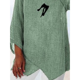 Women Cute Cat Print Wrap Design Cotton 3/4 Sleeve Blouse