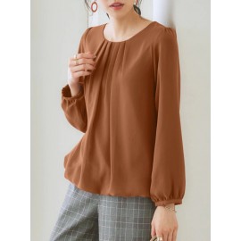 Women Solid Pleated Crew Neck Elastic Hem Long Sleeve Blouse