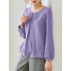 Women Solid Pleated Crew Neck Elastic Hem Long Sleeve Blouse