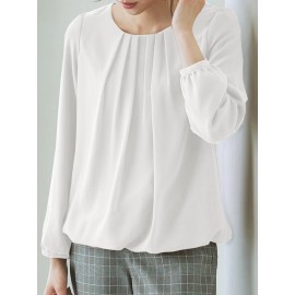 Women Solid Pleated Crew Neck Elastic Hem Long Sleeve Blouse