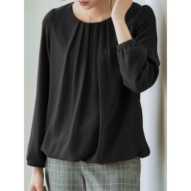 Women Solid Pleated Crew Neck Elastic Hem Long Sleeve Blouse