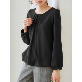 Women Solid Pleated Crew Neck Elastic Hem Long Sleeve Blouse