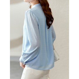 Women Plain Stand Collar Button Up Long Sleeve Shirt