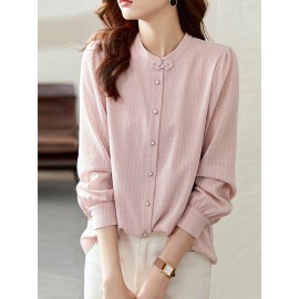Women Plain Stand Collar Button Up Long Sleeve Shirt